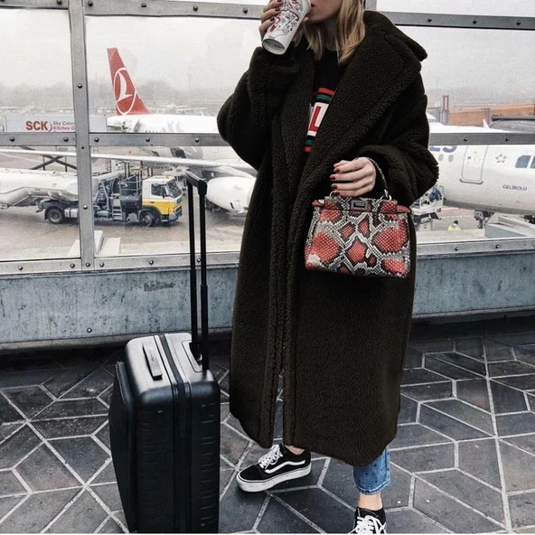 Peluş Kışlık Kadın Düğmeli Tüylü Ceket - Resim 2