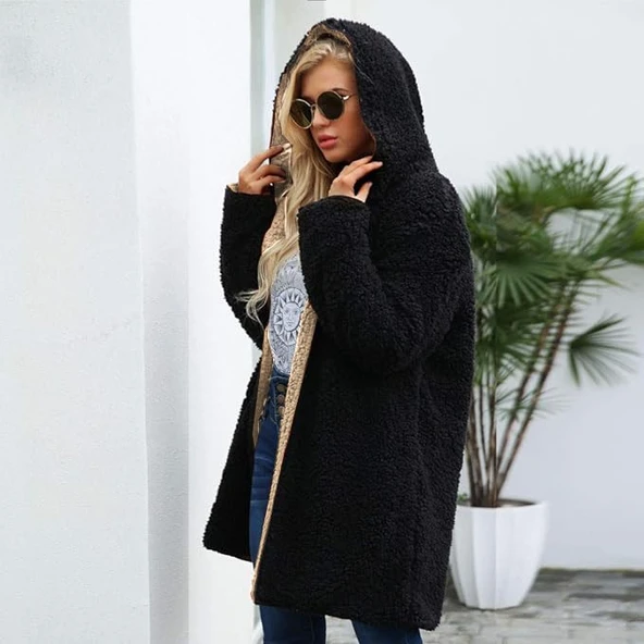 Peluş Çift Taraflı Kışlık Kadın Tüylü Ceket - Resim 2