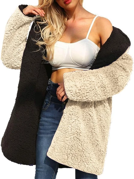 Peluş Çift Taraflı Kışlık Kadın Tüylü Ceket - 3