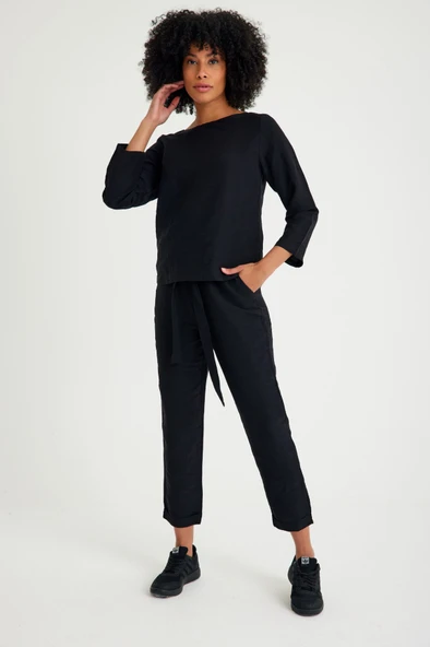 Keten Günlük Rahat Beli Kemerli Kadın İkili Takım Alt Üst ürün görseli 1