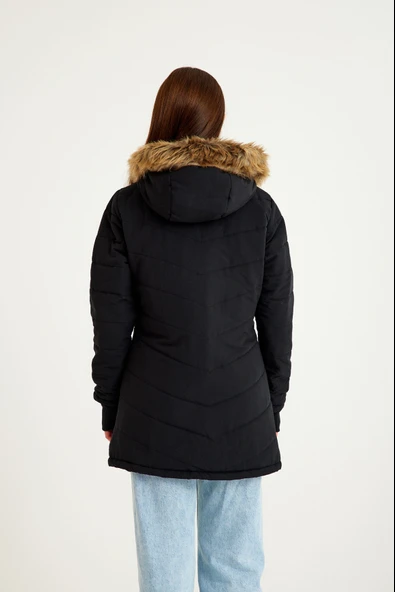 Kışlık Eldivenli Kapüşonlu Kürklü Kadın Şişme Mont - Resim 4