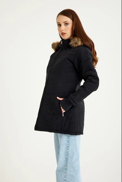 Kışlık Eldivenli Kapüşonlu Kürklü Kadın Şişme Mont - Resim 3