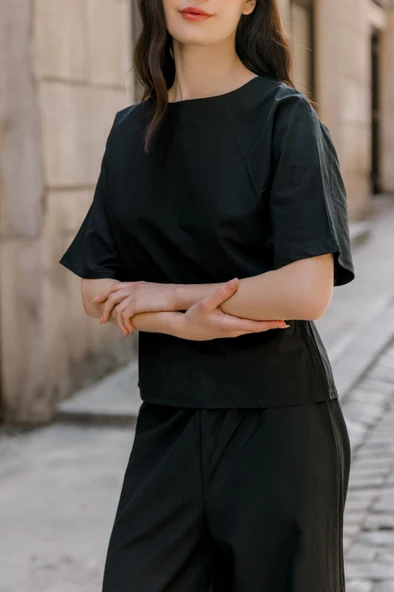 Keten Günlük Rahat Beli Lastikli Kadın İkili Takım Alt Üst - Resim 6