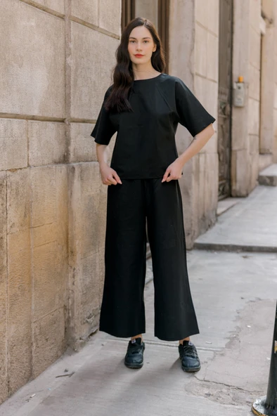 Keten Günlük Rahat Beli Lastikli Kadın İkili Takım Alt Üst ürün görseli 1