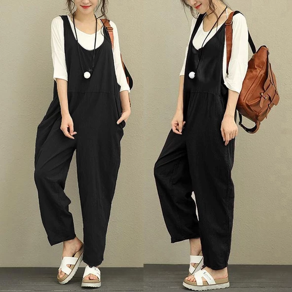 Keten Günlük Yazlık Kalın Askılı Salopet Kadın Tulum