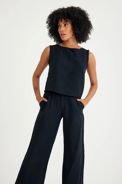 Keten Günlük Rahat  Kolsuz  Alt Üst Kadın Takım - Resim 2