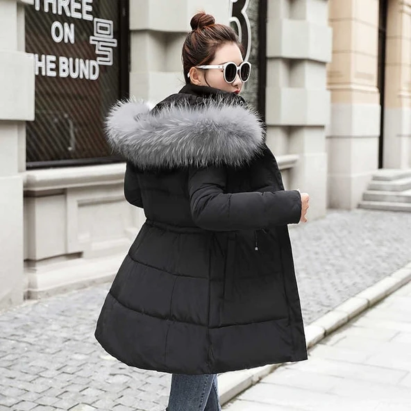 Kışlık Yaka Kürklü Uzun Kadın Şişme Mont - 2