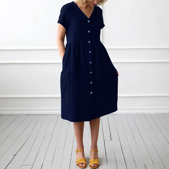 Keten Günlük Yazlık V yaka Kısa Kol Düğme Detaylı Kadın Elbise - 2