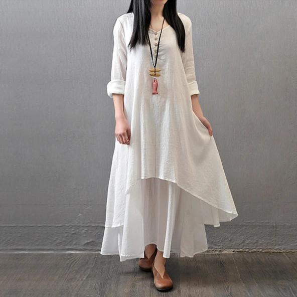 Günlük Ekru Yazlık Salaş Kadın İki Katlı Elbise - 2