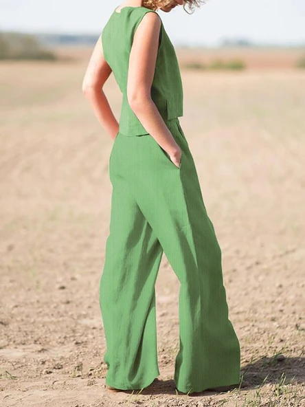 Keten Günlük Rahat  Kolsuz  Alt Üst Kadın Takım ürün görseli 1