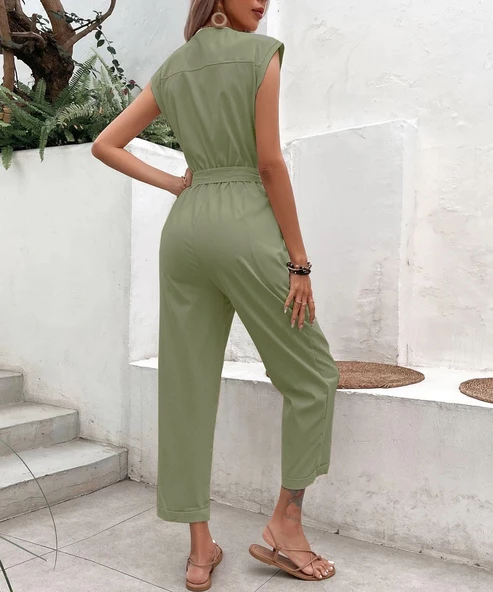 Keten Kadın V Yaka Tek Sıra Düğmeli Kolsuz Tulum - 3