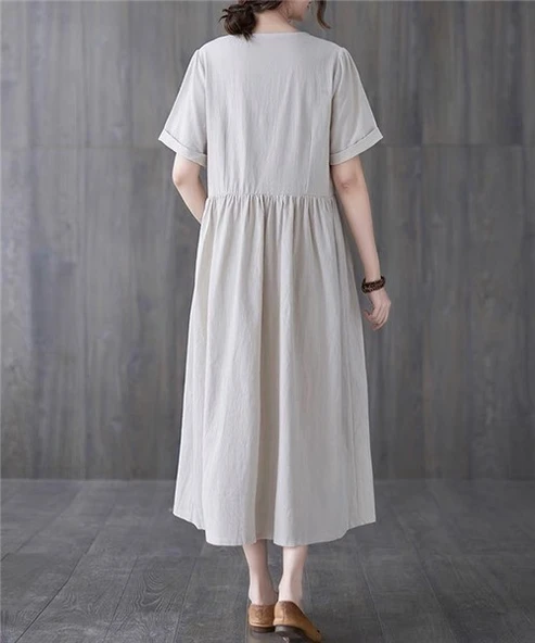 Keten Günlük Rahat V Yaka Beli Büzgü Detaylı Düğmeli Elbise - Resim 2