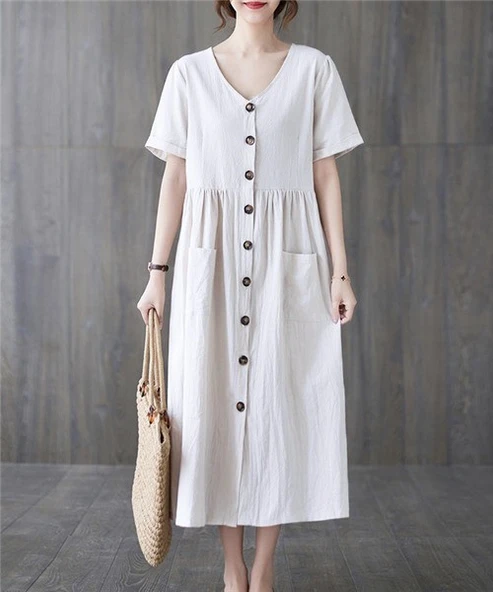 Keten Günlük Rahat V Yaka Beli Büzgü Detaylı Düğmeli Elbise ürün görseli 1