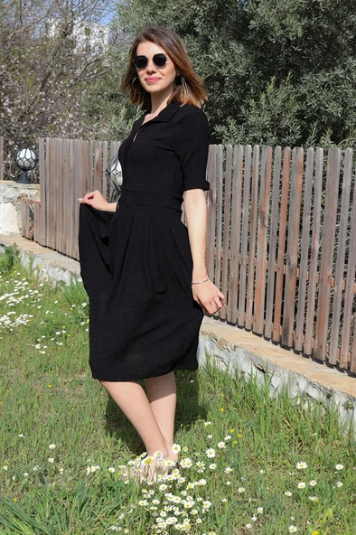 Keten Günlük Yazlık Ofis Kadın Elbisesi - 4