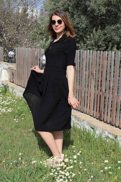 Keten Günlük Yazlık Ofis Kadın Elbisesi - 3