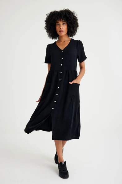 Keten Günlük Rahat V Yaka Beli Büzgü Detaylı Düğmeli Elbise ürün görseli 1