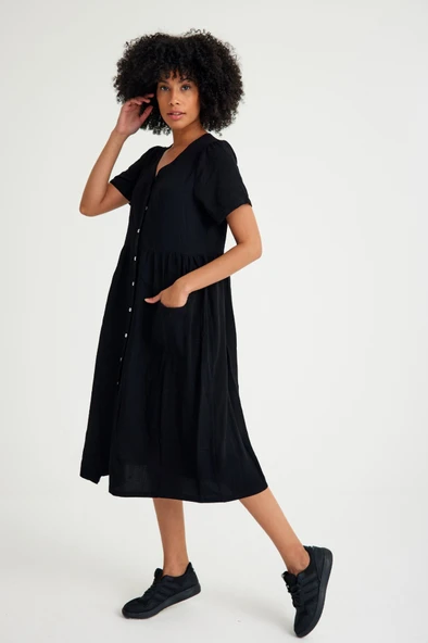 Keten Günlük Rahat V Yaka Beli Büzgü Detaylı Düğmeli Elbise - Resim 3