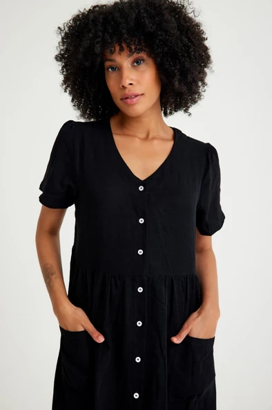 Keten Günlük Rahat V Yaka Beli Büzgü Detaylı Düğmeli Elbise - Resim 5