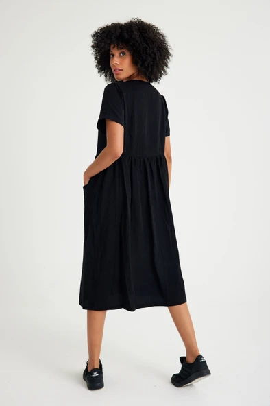 Keten Günlük Rahat V Yaka Beli Büzgü Detaylı Düğmeli Elbise - Resim 4