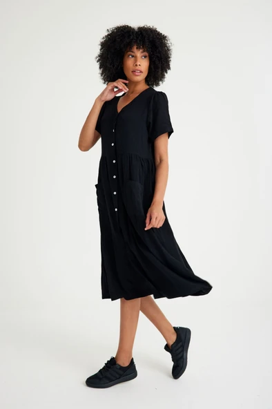 Keten Günlük Rahat V Yaka Beli Büzgü Detaylı Düğmeli Elbise - Resim 2