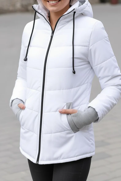Günlük Su Geçirmez Kışlık Şişme Kadın Eldivenli Beyaz Mont - Resim 5