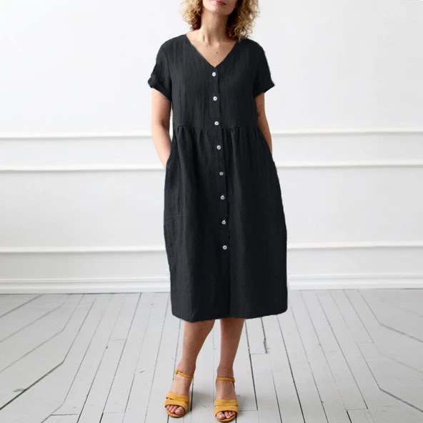 Keten Günlük Yazlık V yaka Kısa Kol Düğme Detaylı Kadın Elbise ürün görseli 1