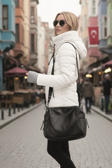 Günlük Su Geçirmez Kışlık Şişme Kadın Eldivenli Beyaz Mont - Resim 3