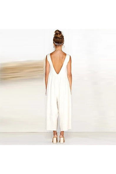 Keten Yazlık Günlük Sırt Dekolteli Salaş Kadın Tulum - 3