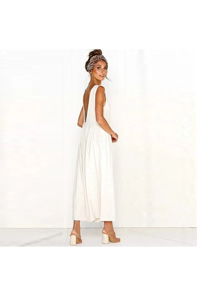 Keten Yazlık Günlük Sırt Dekolteli Salaş Kadın Tulum - 4