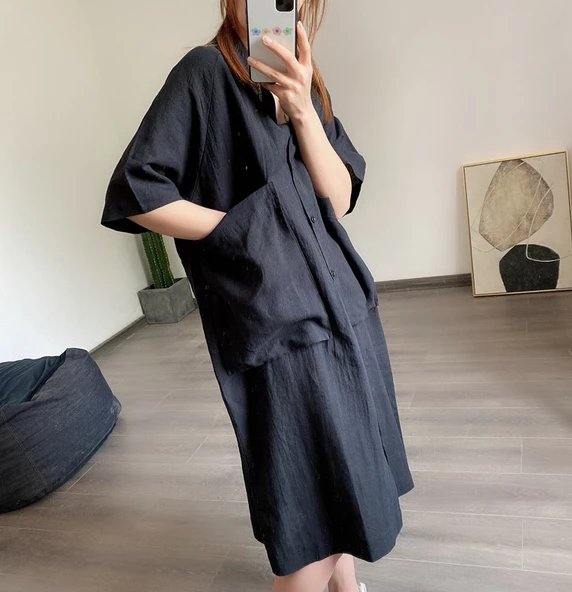 Keten Günlük Cep Detaylı Salaş Kadın Elbise - 3