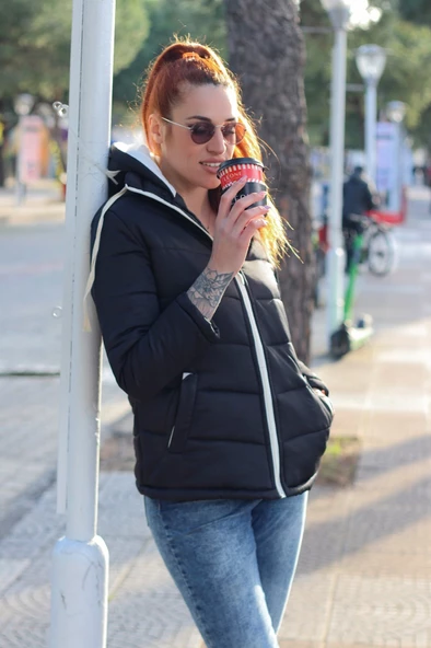 Günlük Şık Kapüşonlu Kışlık Kadın Şişme Mont - 3