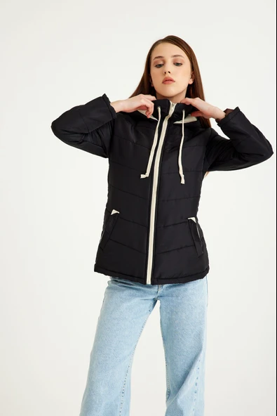 Günlük Şık Kapüşonlu Kışlık Kadın Şişme Mont - Resim 4