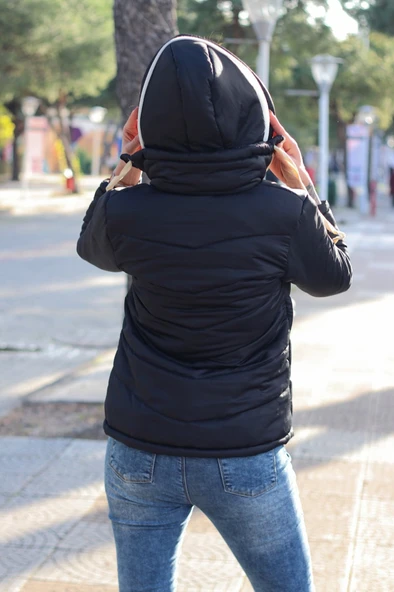 Günlük Şık Kapüşonlu Kışlık Kadın Şişme Mont - Resim 4