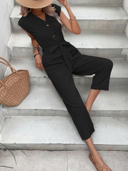 Keten Kadın V Yaka Tek Sıra Düğmeli Kolsuz Tulum - Resim 3