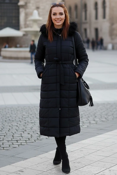 Günlük Kışlık Tam Boy Şişme Kadın Siyah Mont ürün görseli