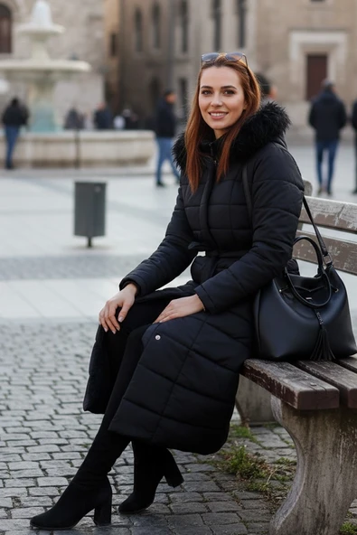 Günlük Kışlık Tam Boy Şişme Kadın Siyah Mont - Resim 3