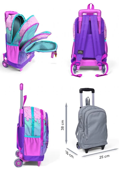Coral High Pembe Mor Dondurma Işıklı Tekerlekli Çekçek Çanta ve Kalemlik Seti - Kız Çocuk - Resim 2