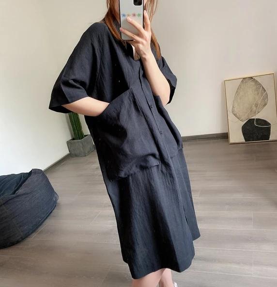 Keten Günlük Cep Detaylı Salaş Kadın Elbise - Resim 3