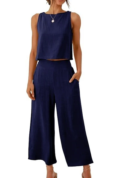 Keten Yazlık Yüksel Bel Capri Pantolon Sırt Detaylı Kolsuz İkili Takım - Resim 6