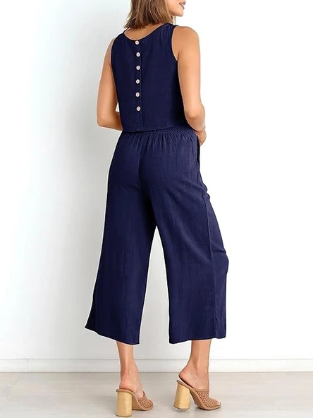 Keten Yazlık Yüksel Bel Capri Pantolon Sırt Detaylı Kolsuz İkili Takım - Resim 3