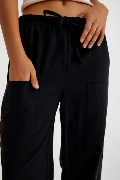 Keten Günlük Pantolon Beli Lastikli Bağcıklı - Resim 6