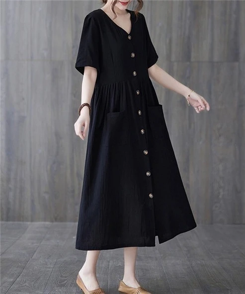 Keten Günlük Rahat V Yaka Beli Büzgü Detaylı Düğmeli Elbise ürün görseli 1