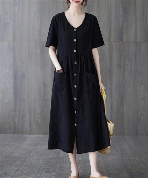 Keten Günlük Rahat V Yaka Beli Büzgü Detaylı Düğmeli Elbise - 4