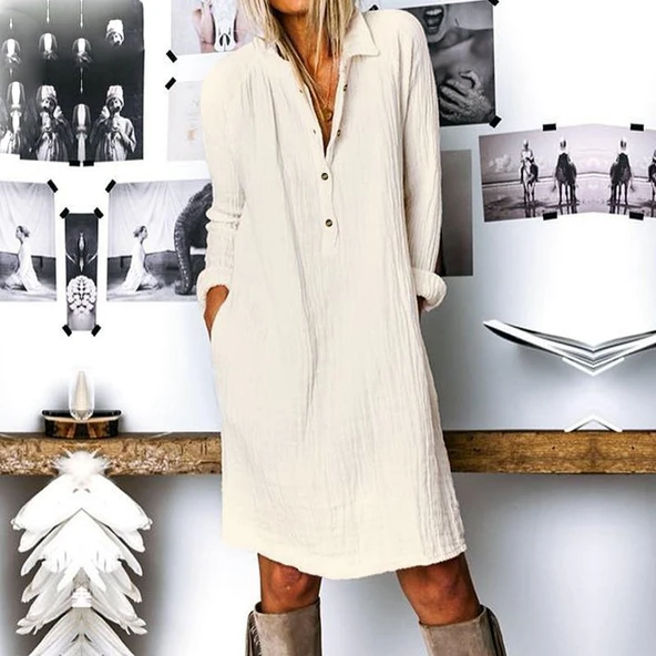 Günlük Rahat Baharlık Salaş Gömlek Yaka Elbise ürün görseli 1