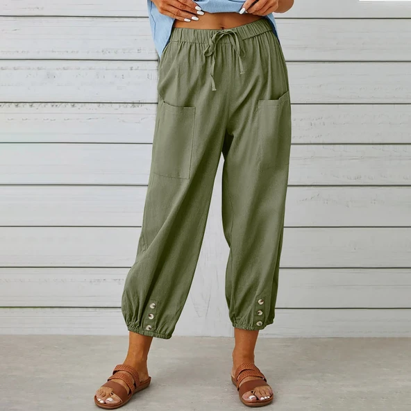 Keten Günlük Pantolon Beli Lastikli Bağcıklı - 1