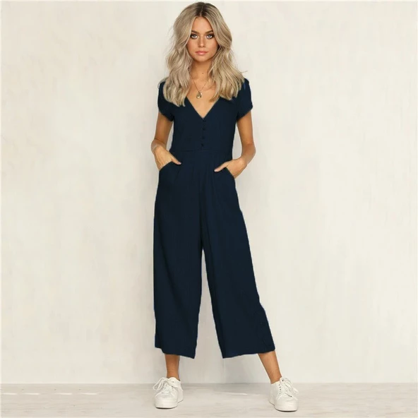 Bürümcük Günlük Yazlık V Yaka Kısa Paça Tasarım Kadın Tulum - Resim 3