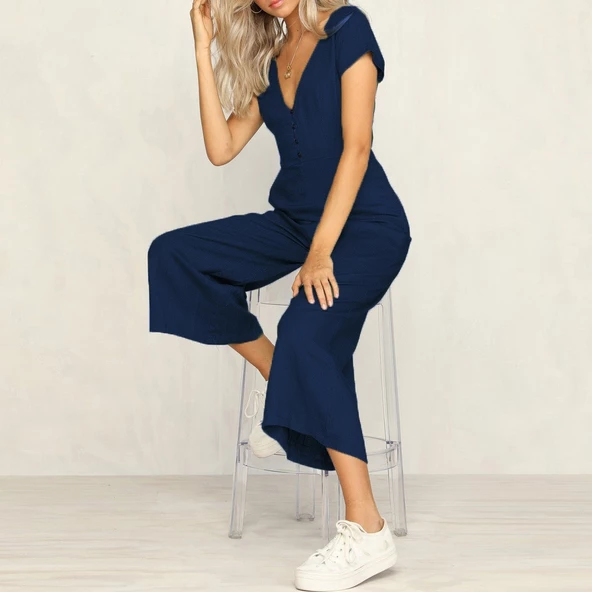 Bürümcük Günlük Yazlık V Yaka Kısa Paça Tasarım Kadın Tulum - Resim 2