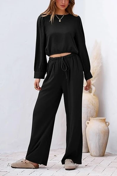 Keten Yazlık Yüksel Bel Pantolon Balon Kol Tasarım Bluz İkili takım Alt Üst - 5