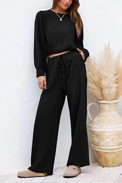 Keten Yazlık Yüksel Bel Pantolon Balon Kol Tasarım Bluz İkili takım Alt Üst - 3