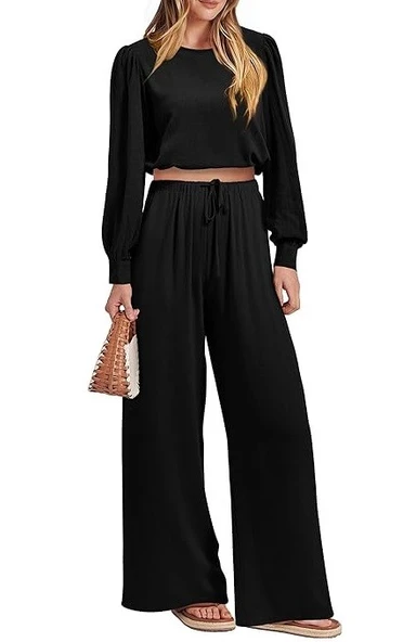 Keten Yazlık Yüksel Bel Pantolon Balon Kol Tasarım Bluz İkili takım Alt Üst - 6